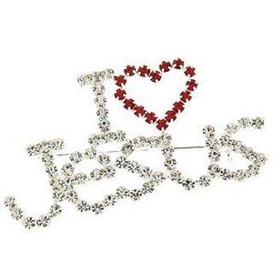 Rhinestone Silver I Love Jesus Red Heart Pin Brooch